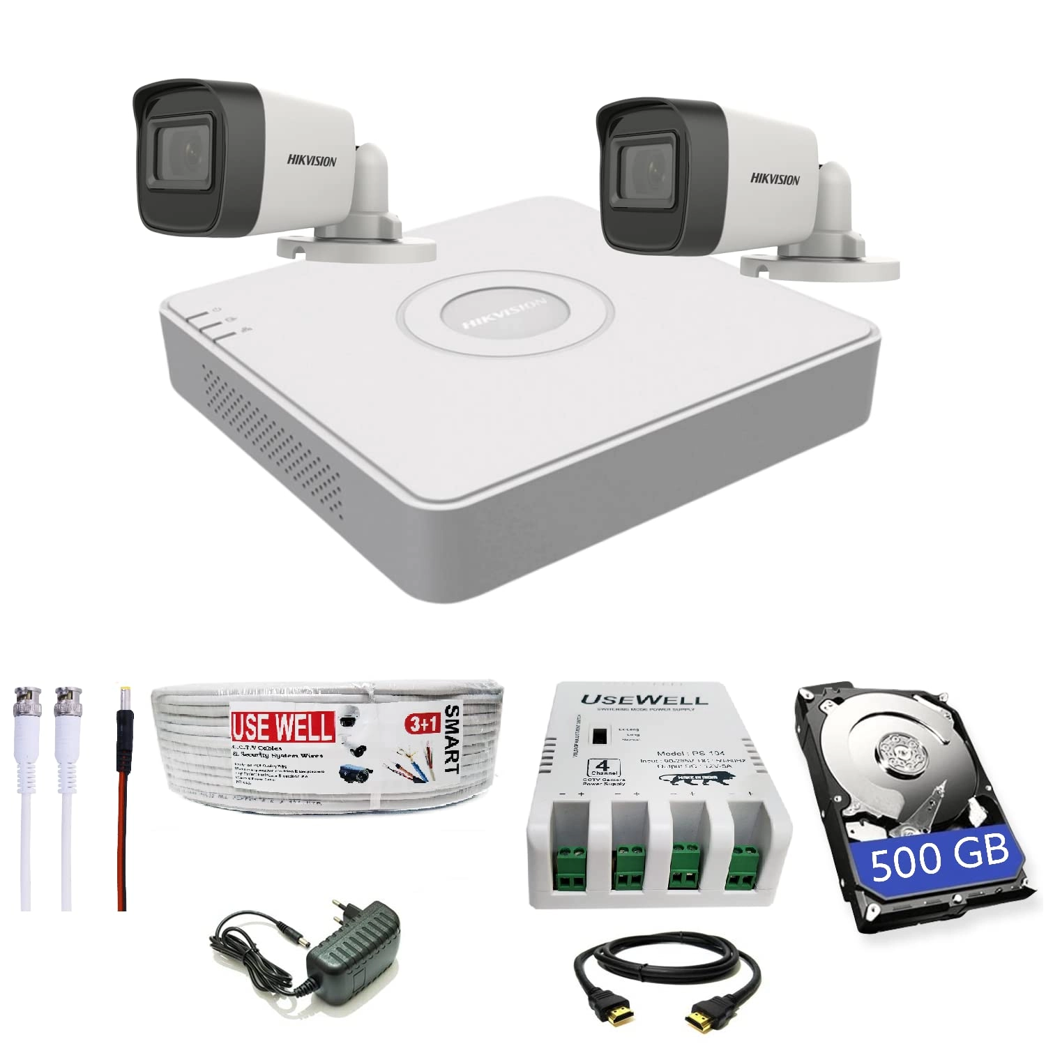 Prama Hikvision India DVR - 4 Channel + Bullet Camera - 2 5 MP + HDD - 500 GB + Cable roll + Power Supply + BNC & DC