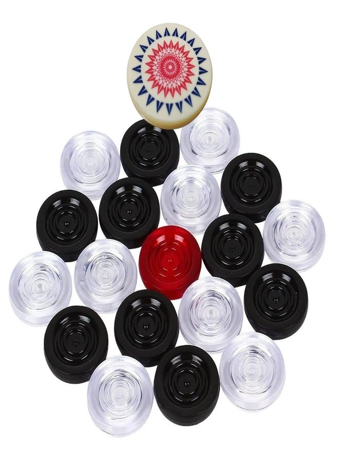 AnNafi Crystal Carrom Coins - 20 Coins (9 Black + 9 White + 2 Red Queen) Tournament Size + Striker + Powder Bottle