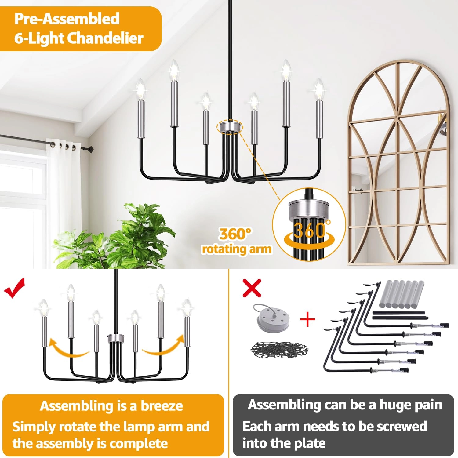 6-Light Farmhouse Chandelier - Black Indoor