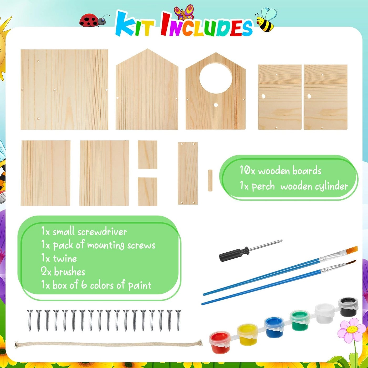 Birdhouse Kit - Wooden Paint and Paintbrushes Pack