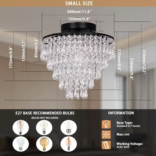 Mini Crystal Ceiling Light - 11.8 Inches 5 Levels Raindrops E26 Base
