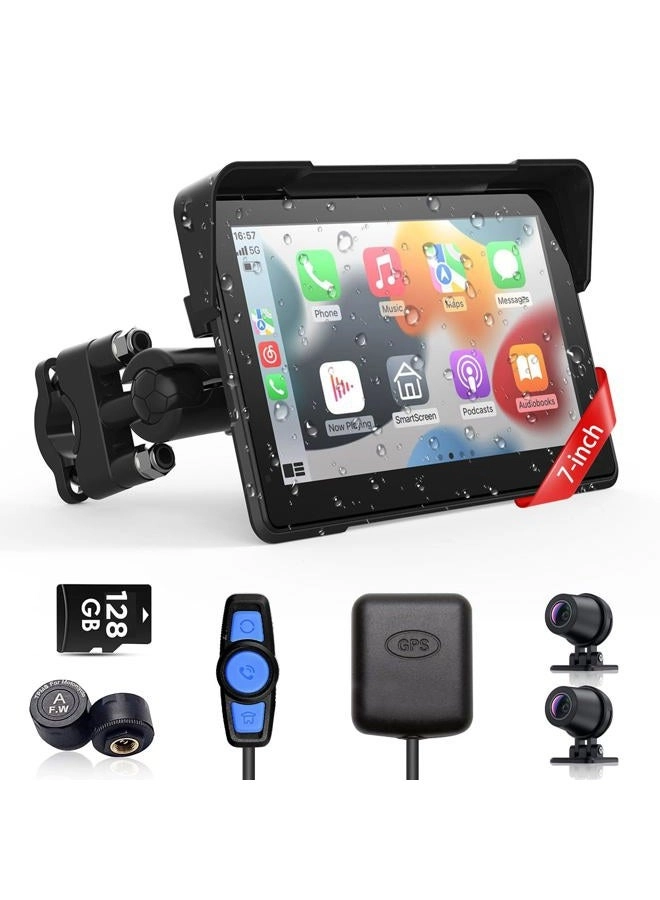 fuyuadas Motorcycle Carplay Screen - 7 Inch 128GB + AHD Dual Dash Cam - 4K + Tire Pressure Monitoring System + GPS Navigation + Fixed Bracket and Remote Control
