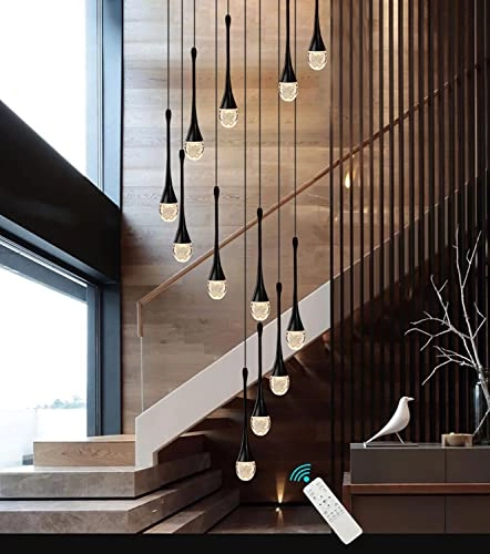 12 Light Black Raindrop Crystal Chandelier - 120''/305cm High Ceiling Dimmable LED
