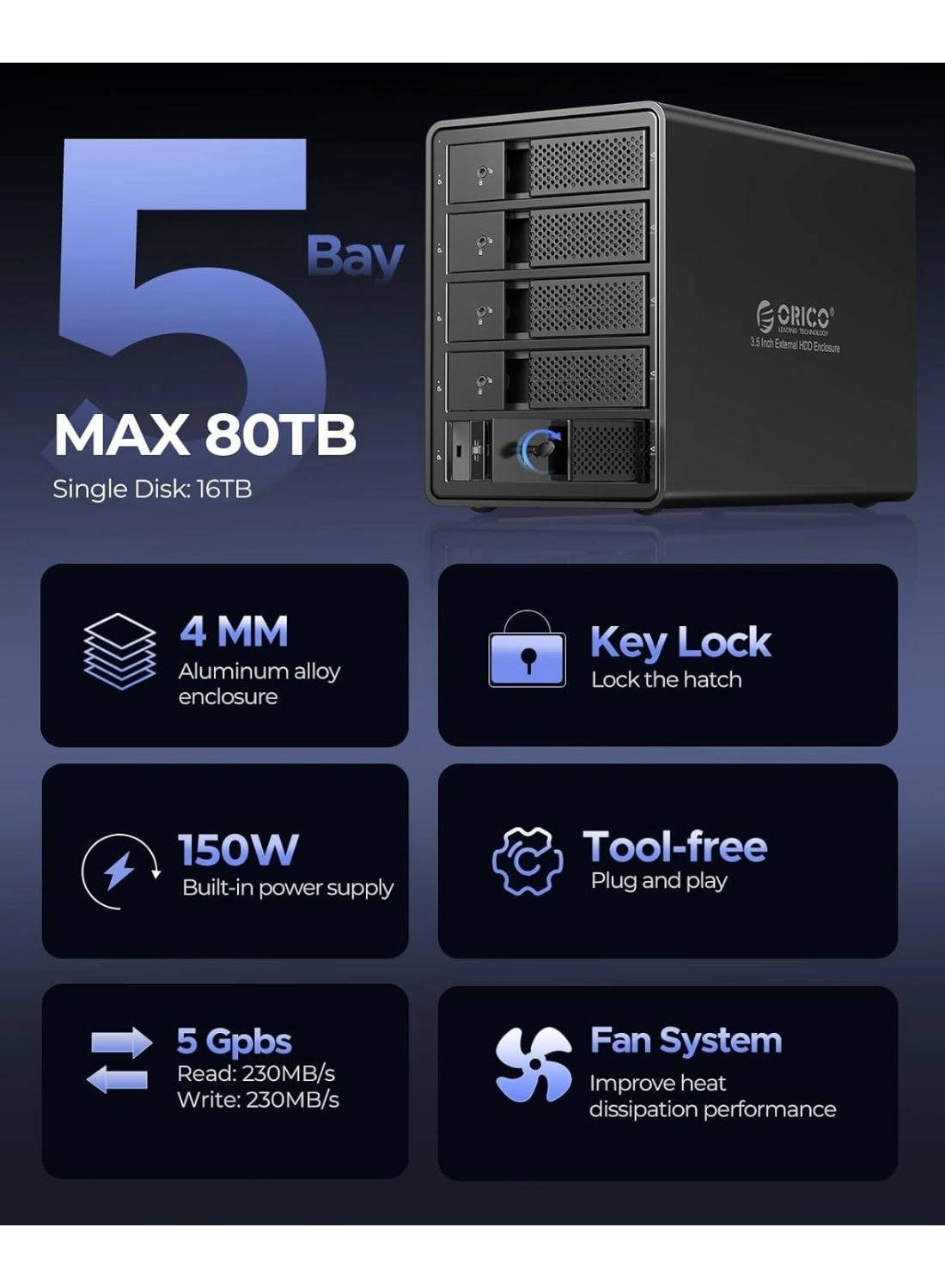 5 Bay External Hard Drive Enclosure - USB 3.0 SATA 3.5 inch