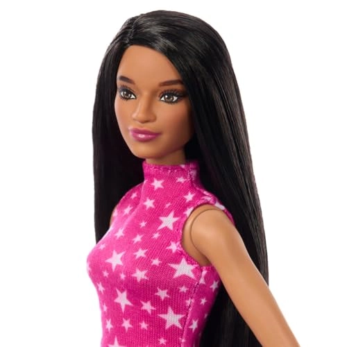 Barbie Fashionistas - Black Straight Hair Pink Star-Print Top Iridescent Skirt Ages 3+