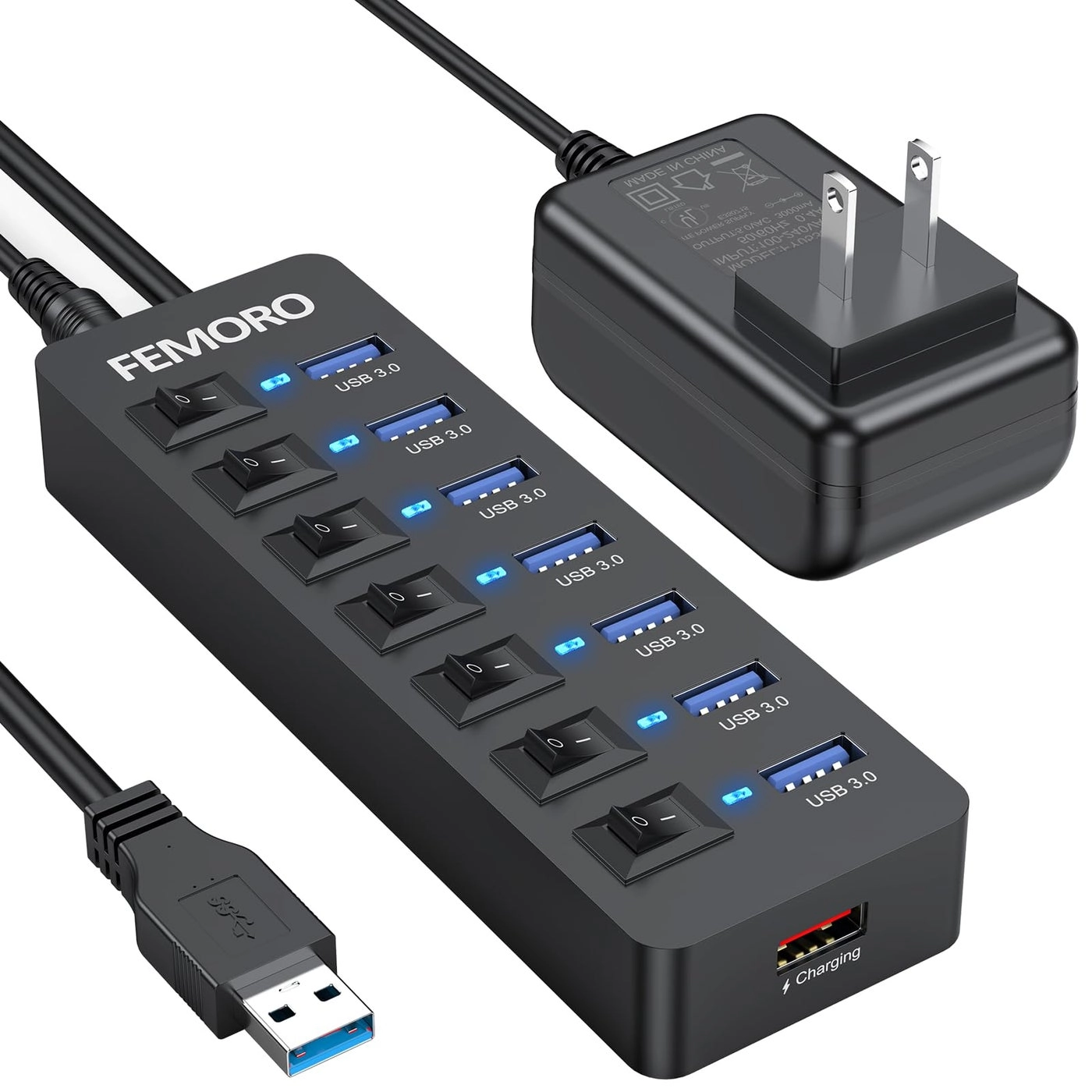 FEMORO Powered USB Hub 3.0 - 5Gbps 7 Ports 12W Charging