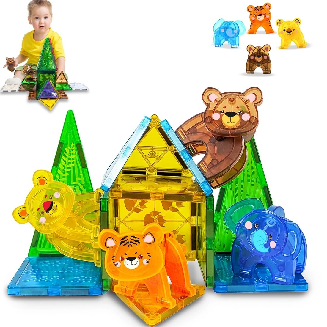 Bisha Magnetic Tiles with 3D Safari Animals Tiles Blocks - 24 months - 8 years 29 pieces