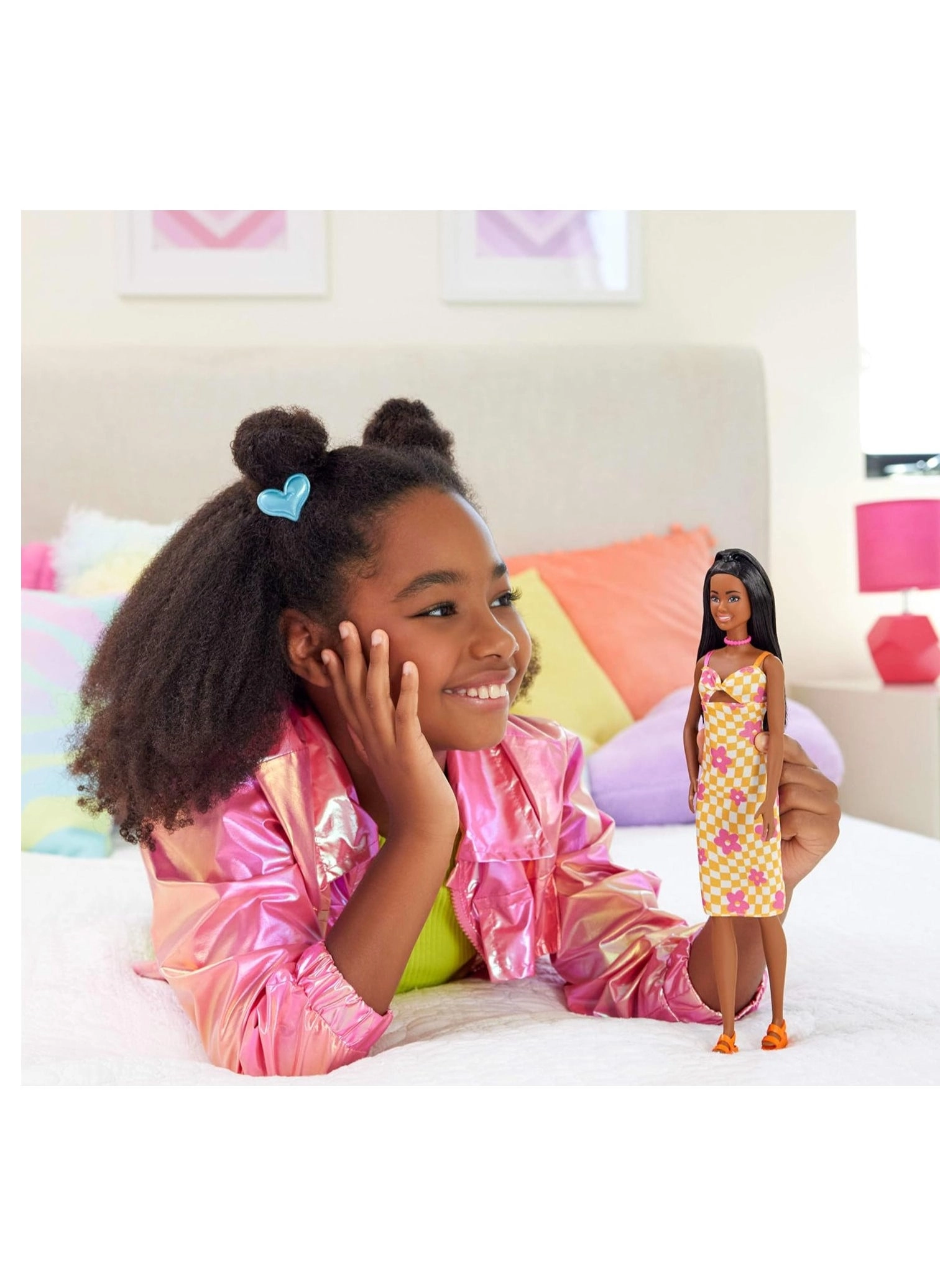 Barbie Fashionistas Flower Check Dress - 30 cm Black Hair Ages 3+