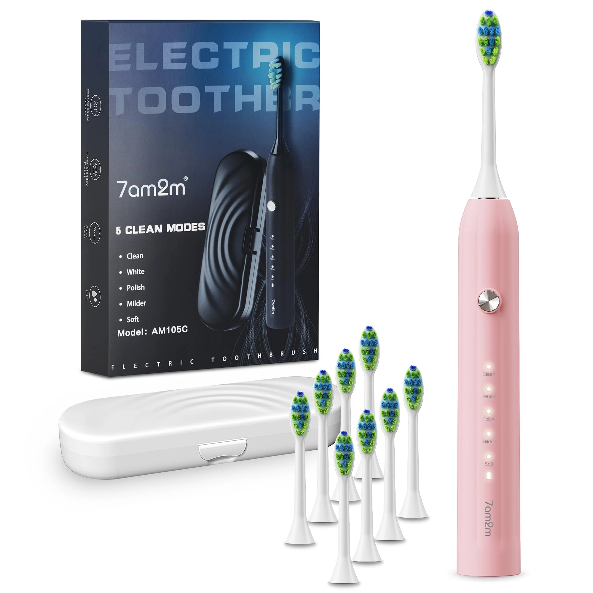 7AM2M Sonic Electric Toothbrush - 6 Brush Heads 90-Day Battery
