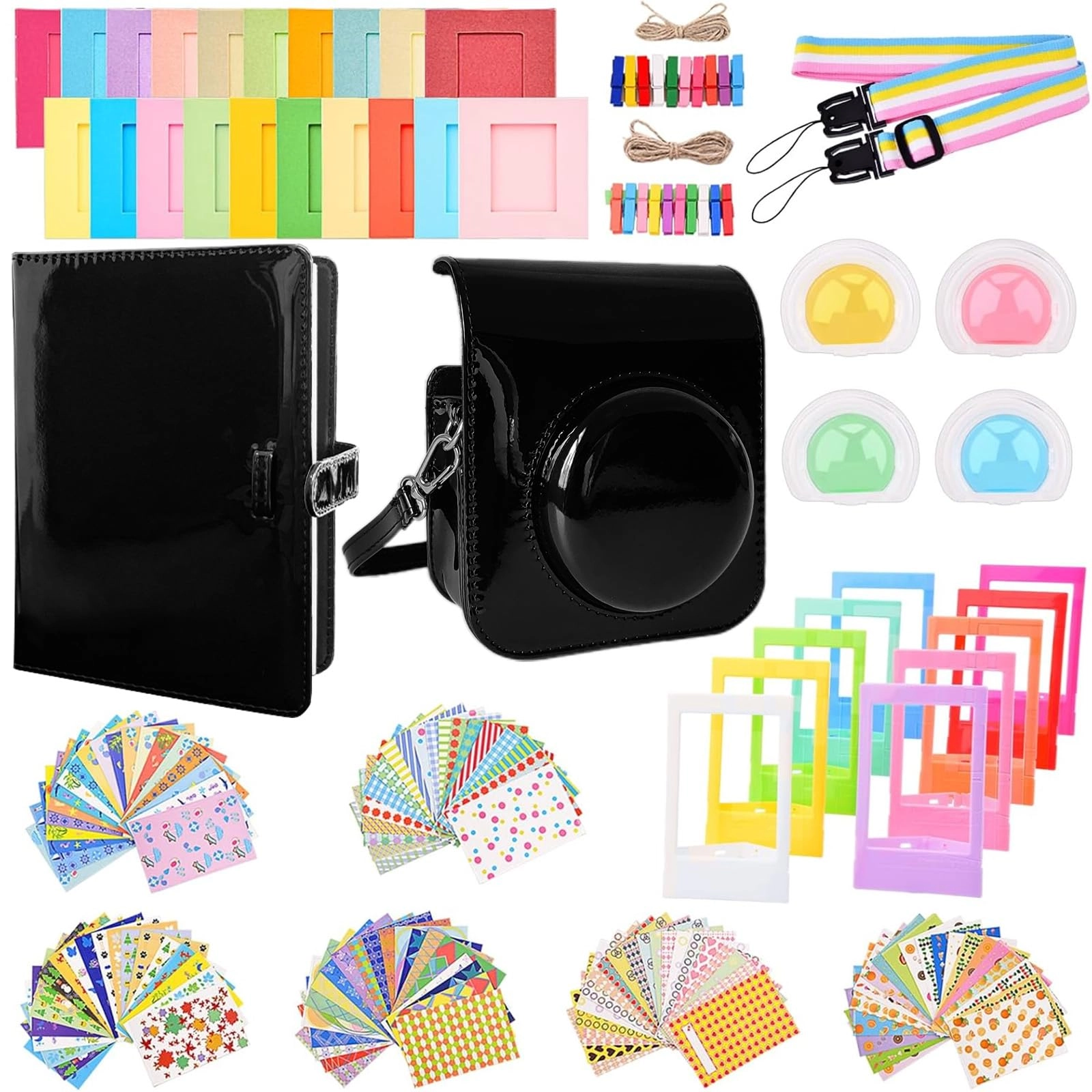 SunmnDirect PU leather case - Pink + Album - 128 pocket + Film sticker - 120 sheets + Plastic desk frame - 10 pieces + Hanging frame - 20 pieces + Neck strap - rainbow + Color filter - 4 pieces