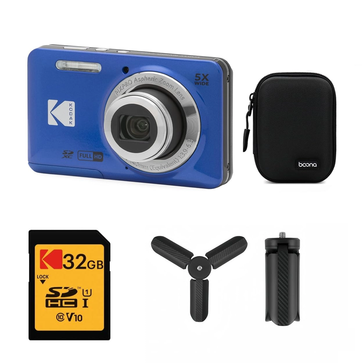 PIXPRO FZ55 + 64GB SDXC + Hard Shell Camera Case + SD Card Reader + Power2000 Rechargeable Li-Ion Battery