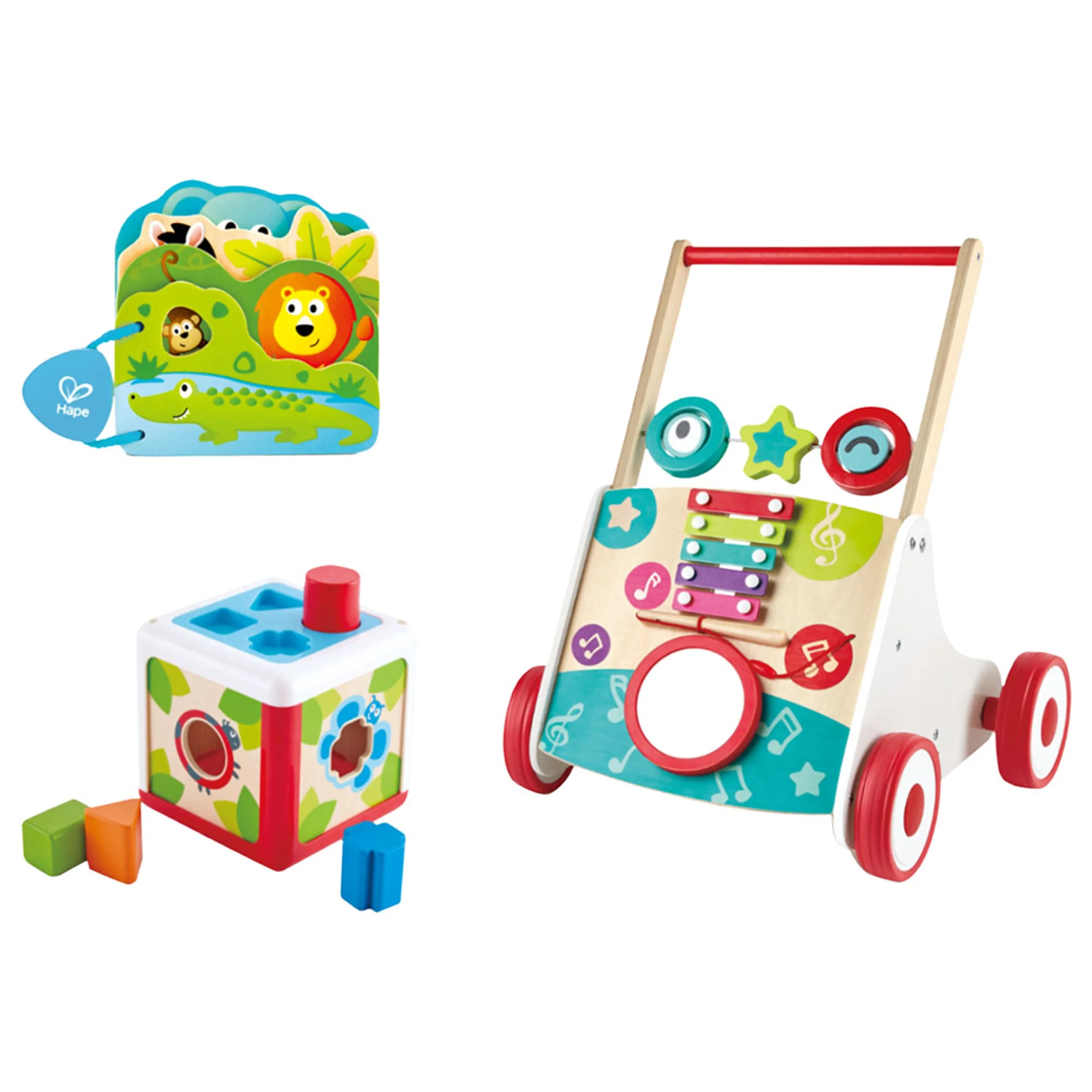 Musical Walker + Shape Sorting Box + Baby's Wild Animal Book - Suitable for 10 months and above