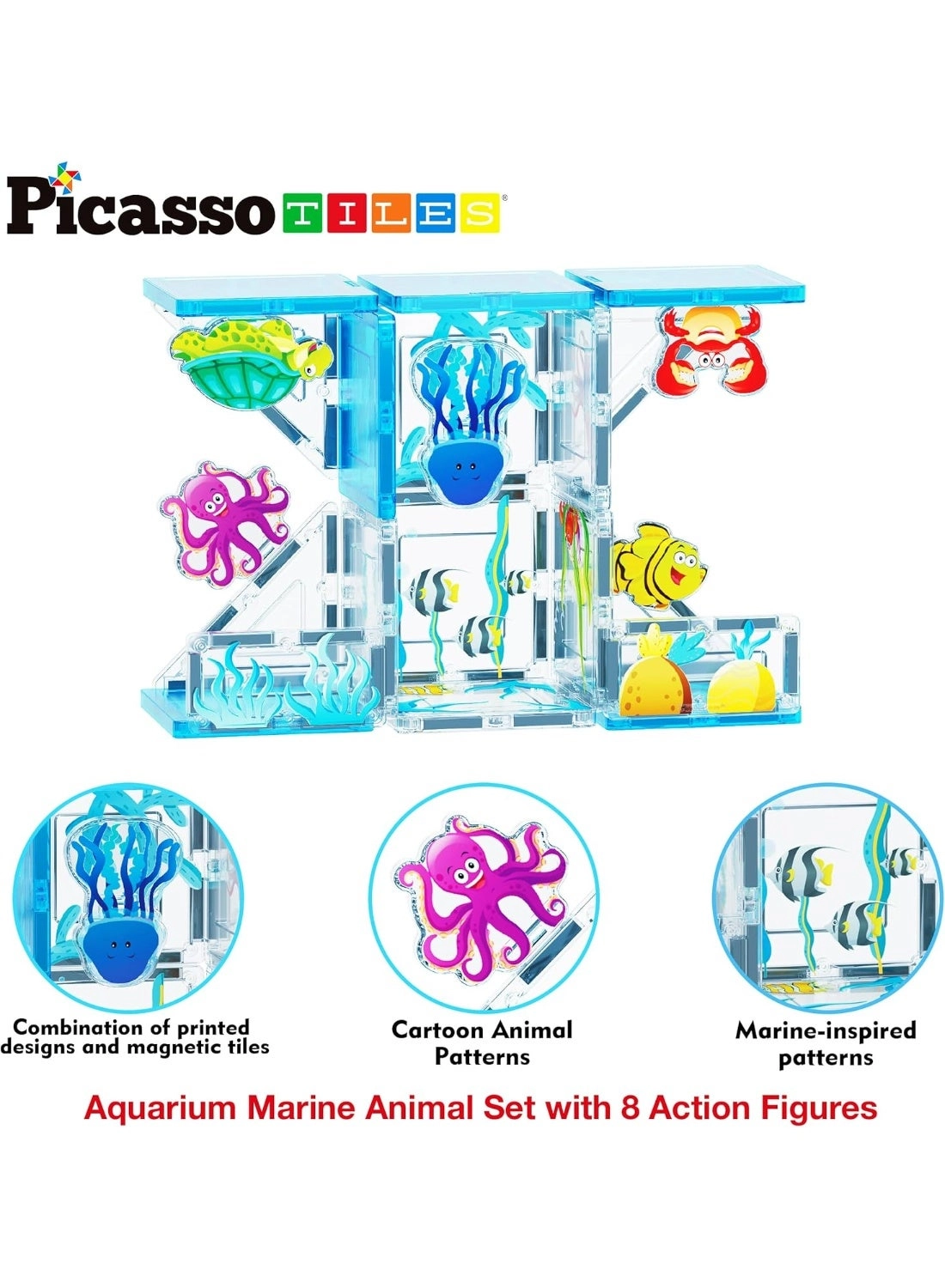 Magnet Tile Building Blocks - 8 Aquarium Character Action Figures Marine Animal World 26 pcs