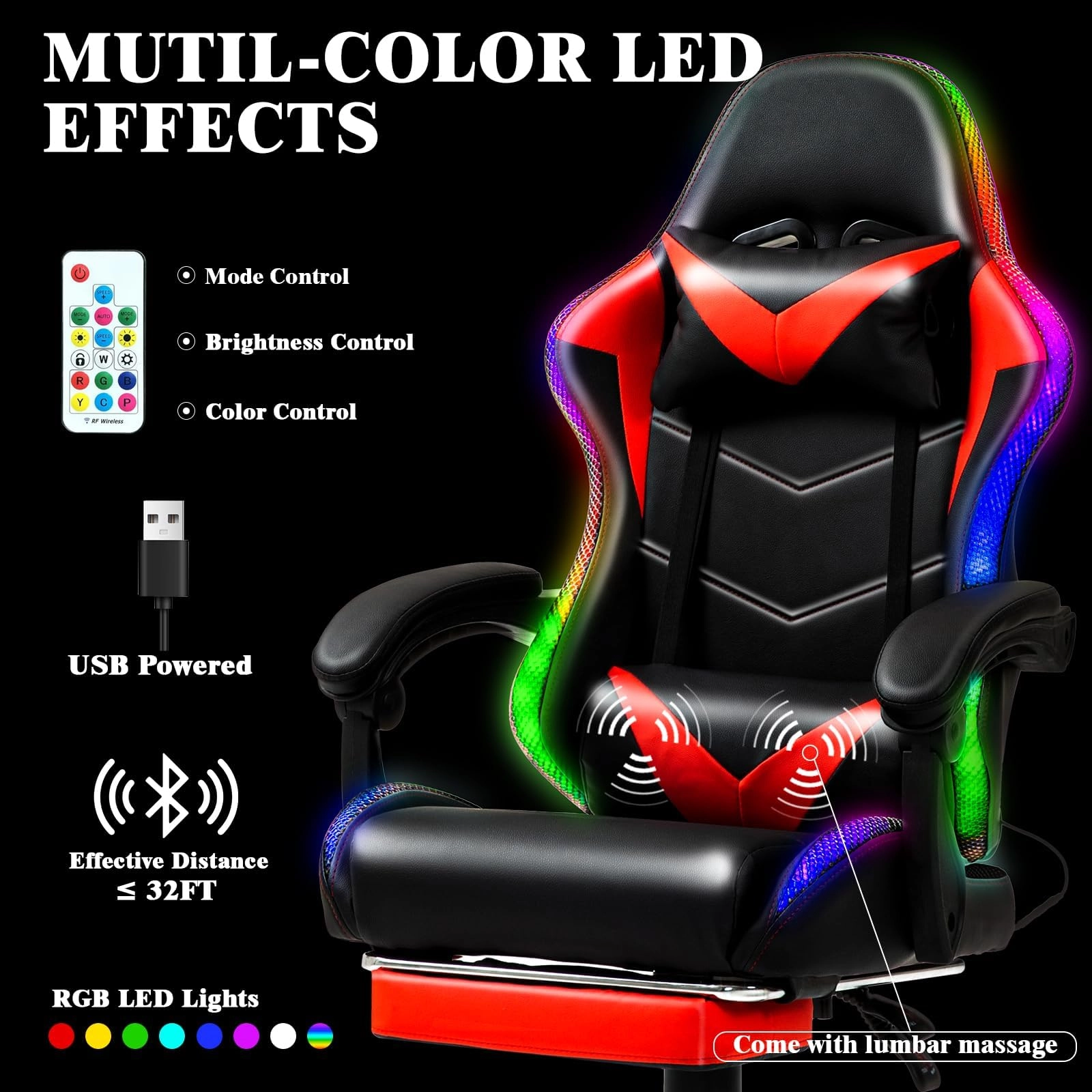 Gaming Chair - RGB LED Lumbar Massager Footrest
