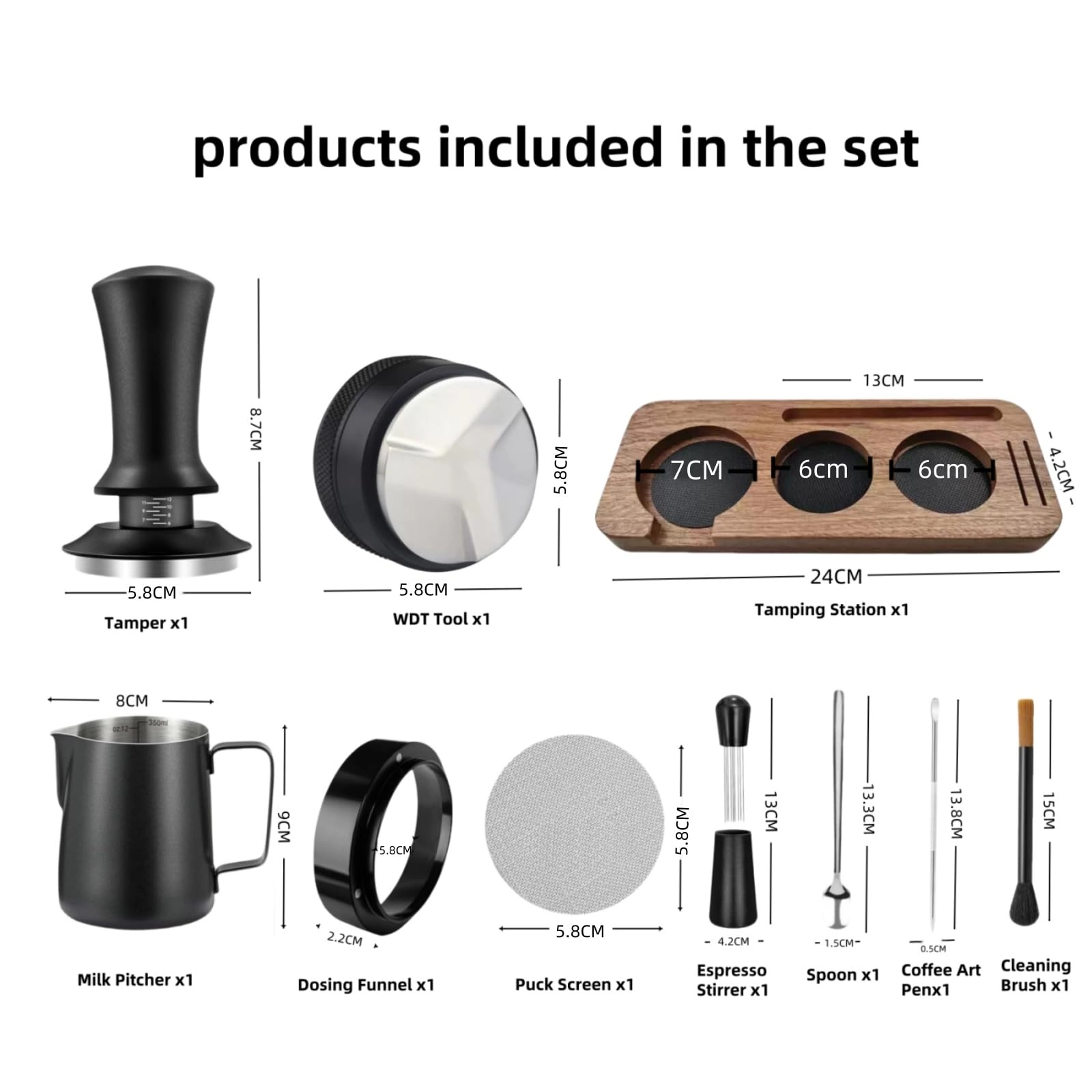 58mm Coffee Tamper + WDT Tool + Tamper Mat + Frothing Pitcher - 350ml + Decorating Stencils + Latte Art Pen + Coffee Stirring Spoon + Dosing Funnel + Coffee Sifter