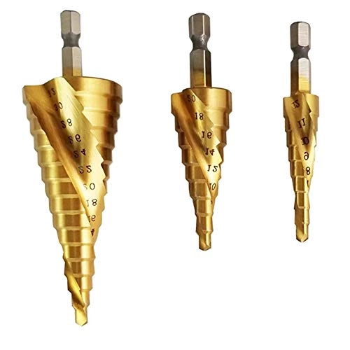 Spiral Grooved Step Drill Bit Set - High Speed Steel Titanium Coated 3pcs 4-32mm/4-20mm/4-12mm