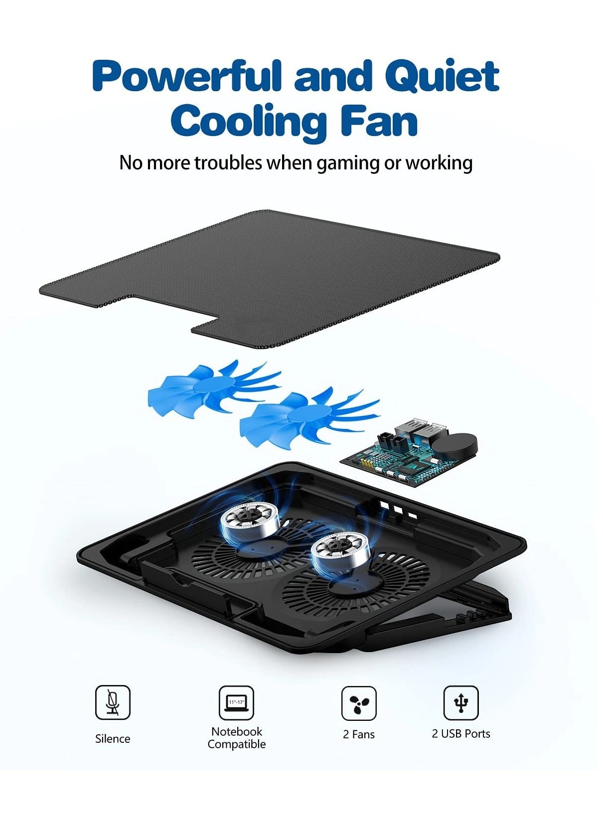 Laptop Cooling Pad - 1200RPM 6 Heights Adjustment 2 USB Port