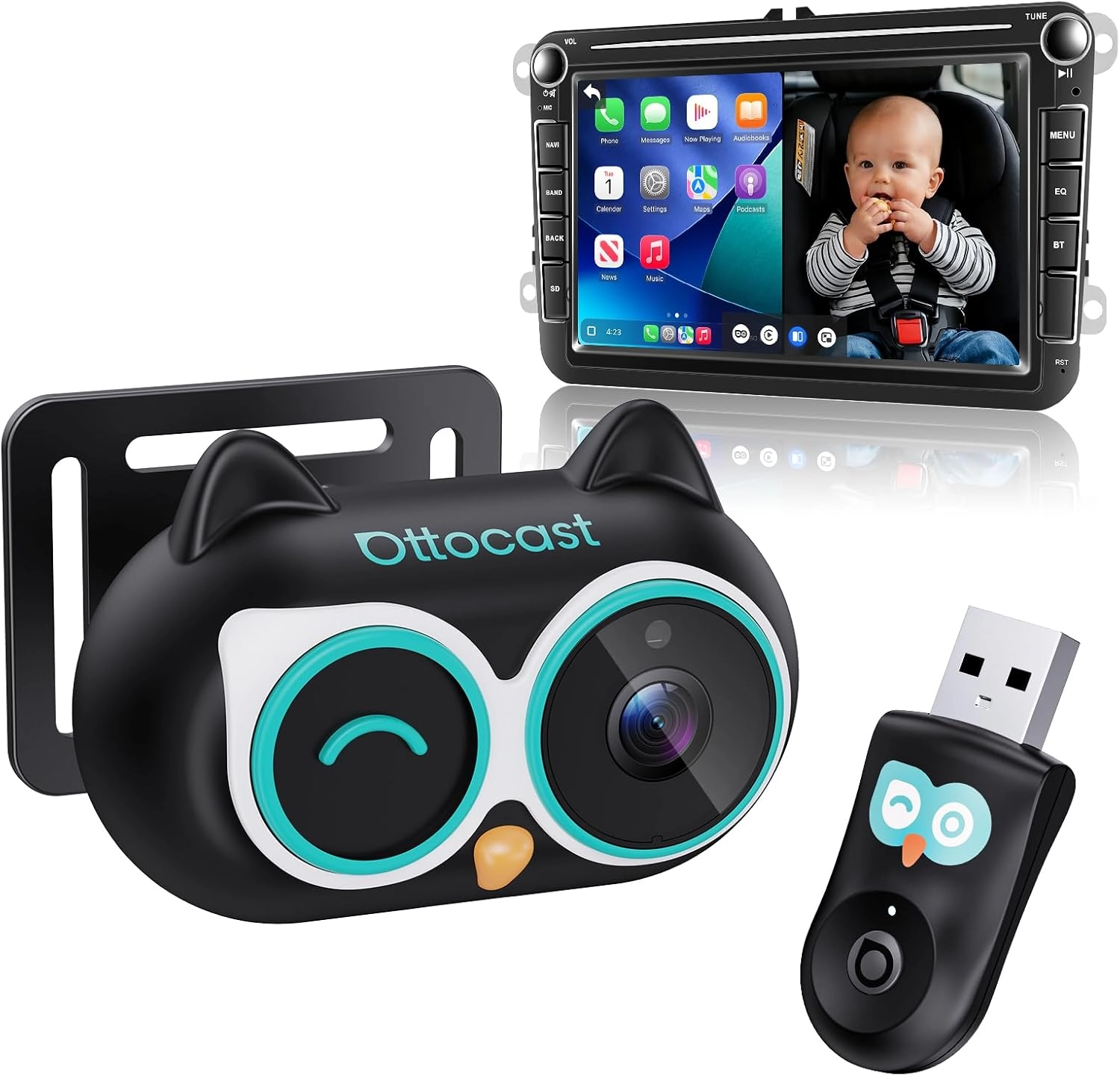 Ottocast Cabin Care CarPlay Adapter - USB-A Plug & Play + Mini Rear Seat Camera - 1080P