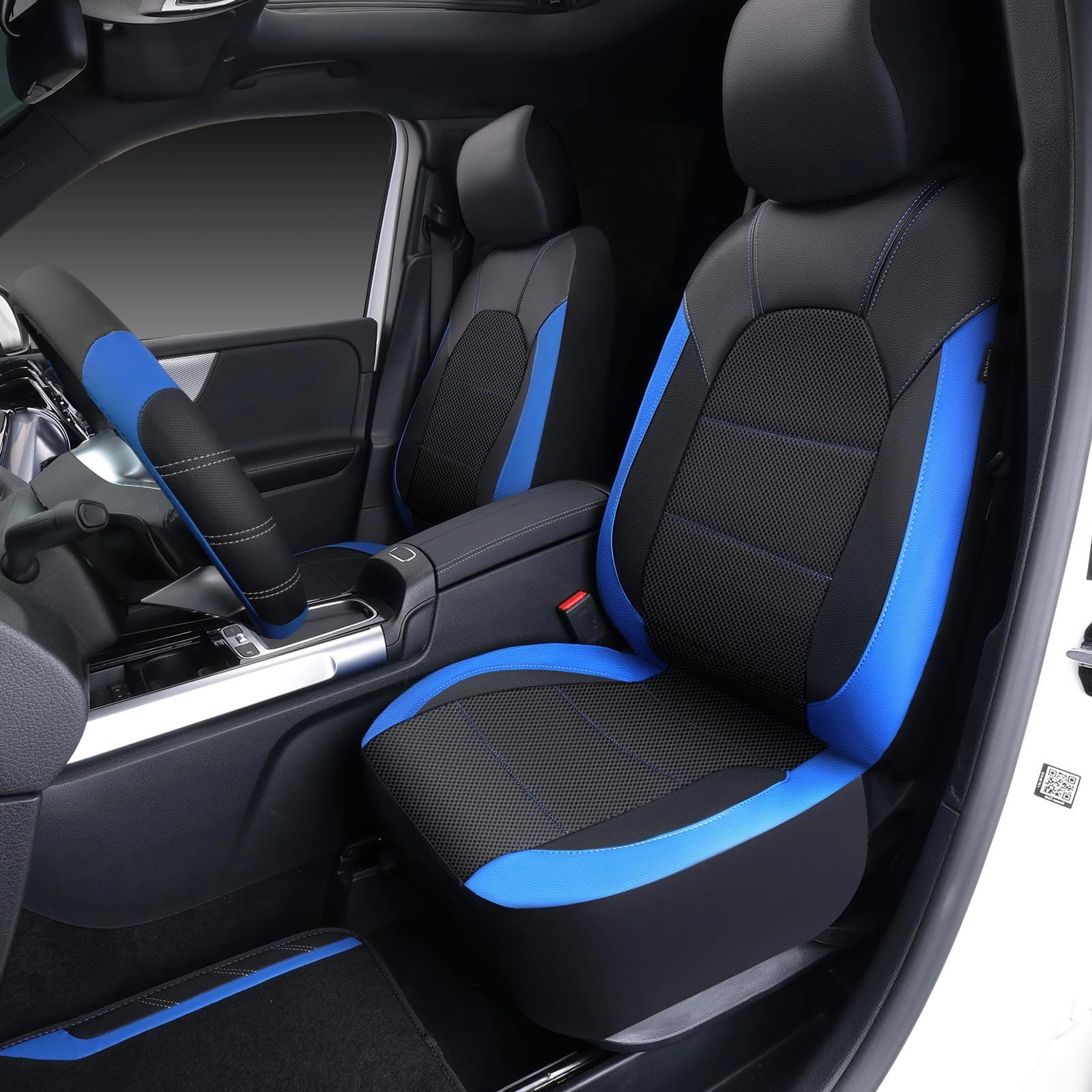 Car Seat Covers - Air Mesh Leather + Car Floor Mats - Waterproof + Steering Wheel Cover - Sporty