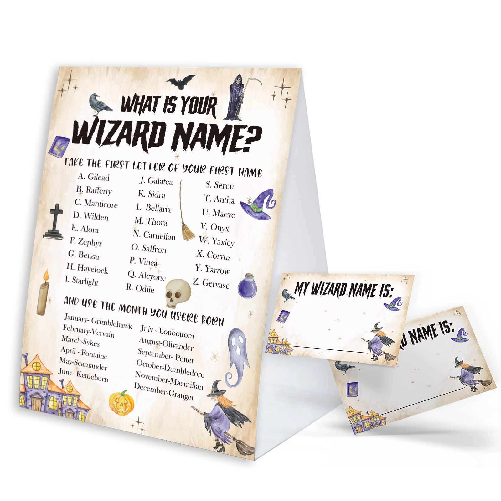 BEUFSE What's Your Wizard Name Game Sign - 57 inches 30 psc name tag stickers