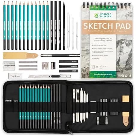 Free Hand NorbergLinden XL - 100 Page Drawing Pad Graphite and Charcoal Pencils Kit