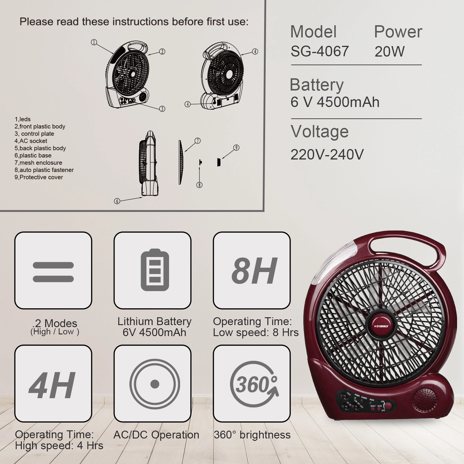 Rechargeable Oscillating Fan - 10 Inch