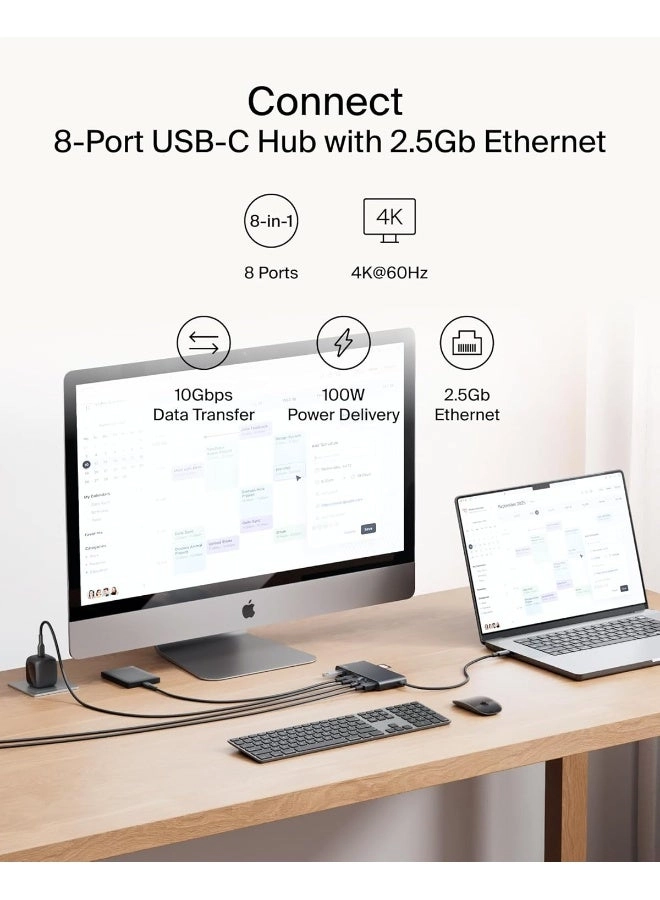 8-In-1 USB-C Multiport Hub Adapter - 100W Power Delivery 4K 60Hz 2.5 Gbps
