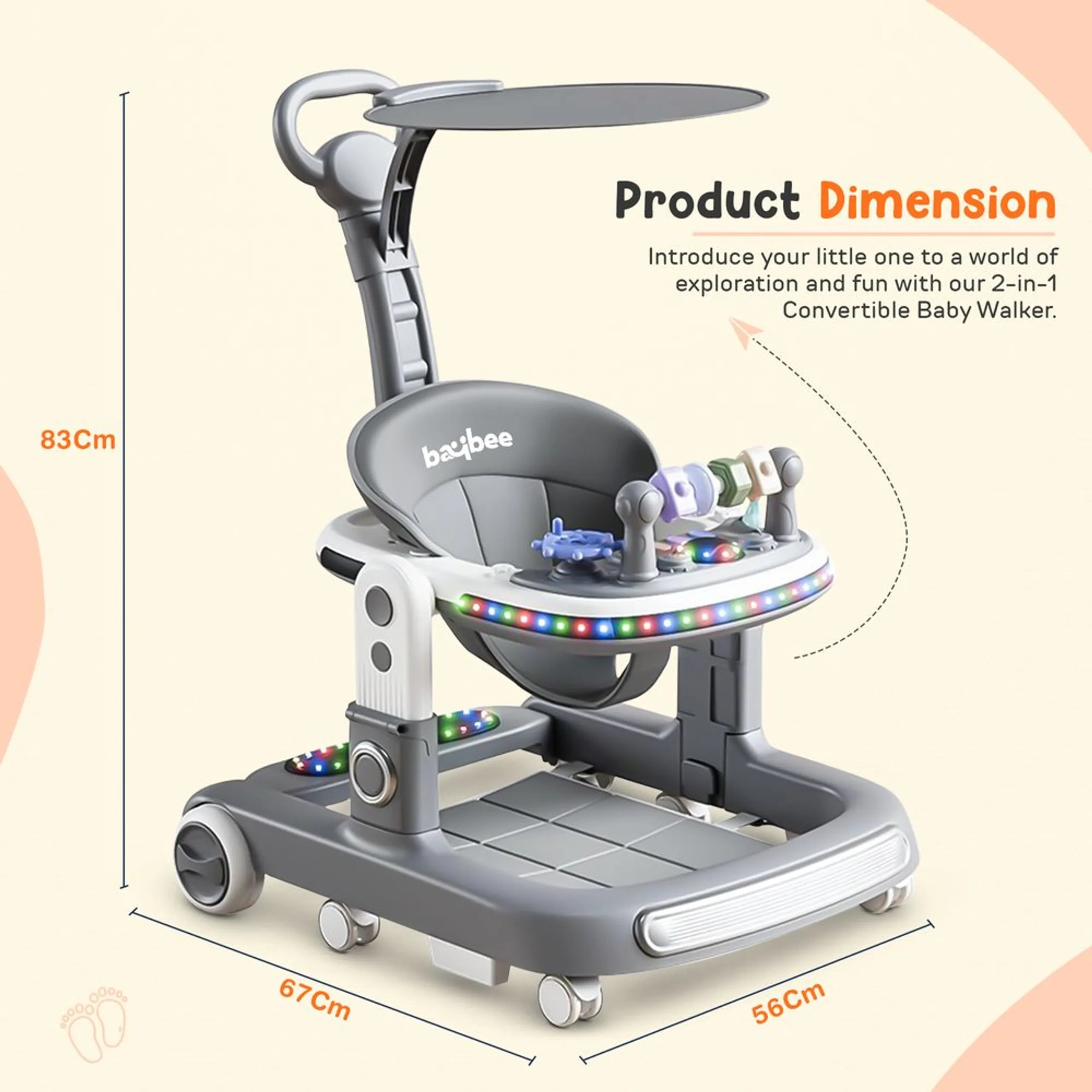 2-In-1 Push Baby Walker - Green 3-Height Adjustable