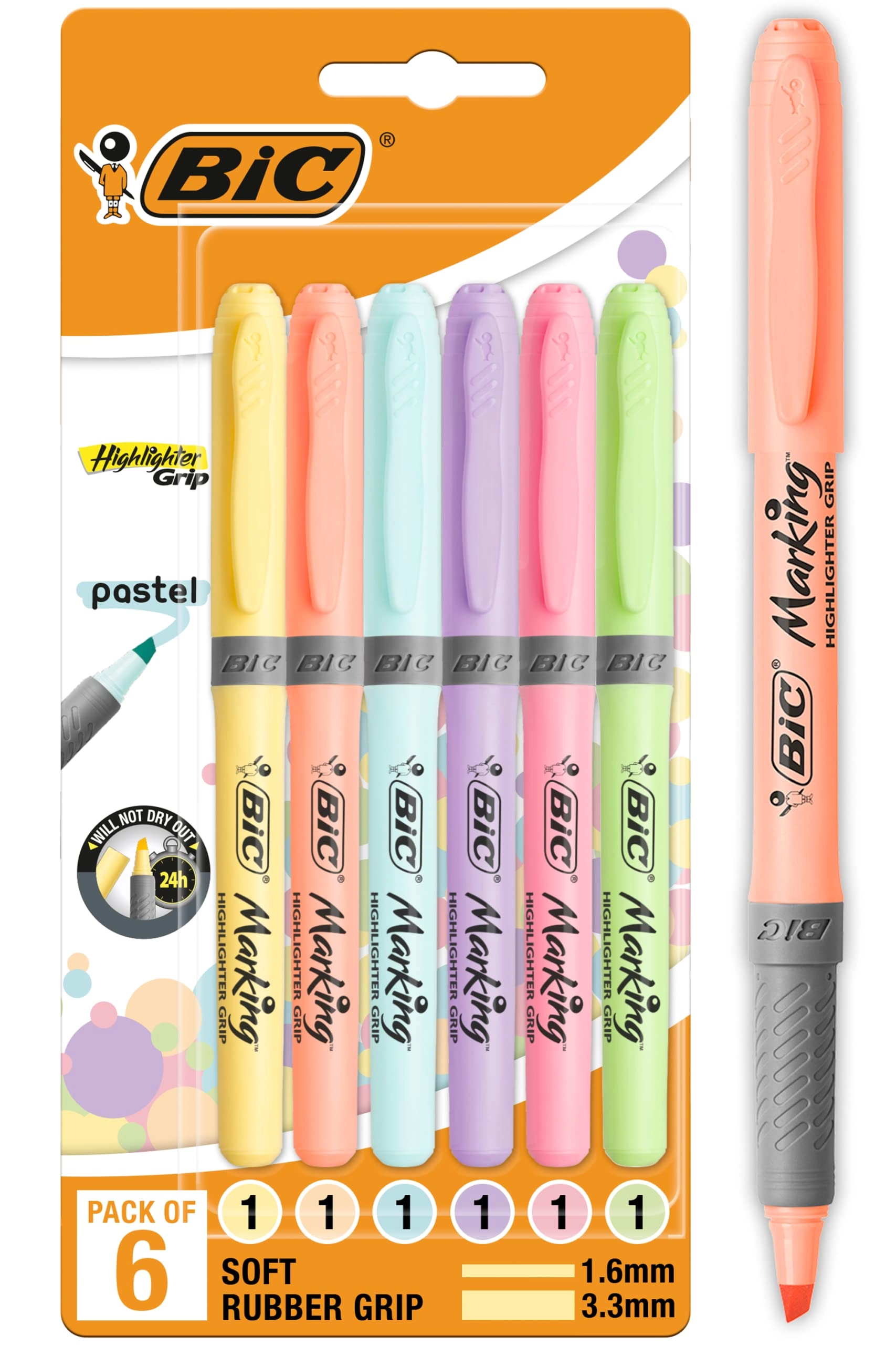 BIC Grip Highlighter Pens - Pastel Orange, Purple, Yellow, Blue, Green, Pink Chisel
