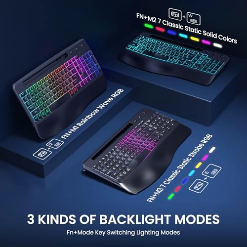 VEILZOR Wireless Keyboard with Wrist Rest, 2.4G Wireless Ergonomic Keyboard, 7-Color & 3 RGB Backlit Modes, Phone/Tablet Holder, Rechargeable Computer Keyboard for Windows, Mac, Computer, PC