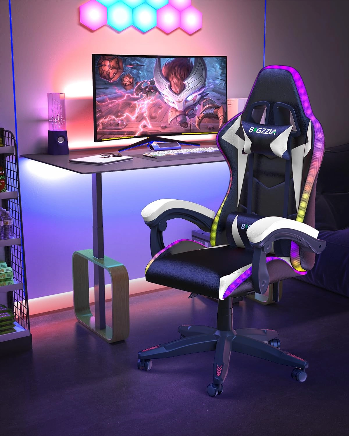 white LED gaming chair - RGB Reclining PU Leather