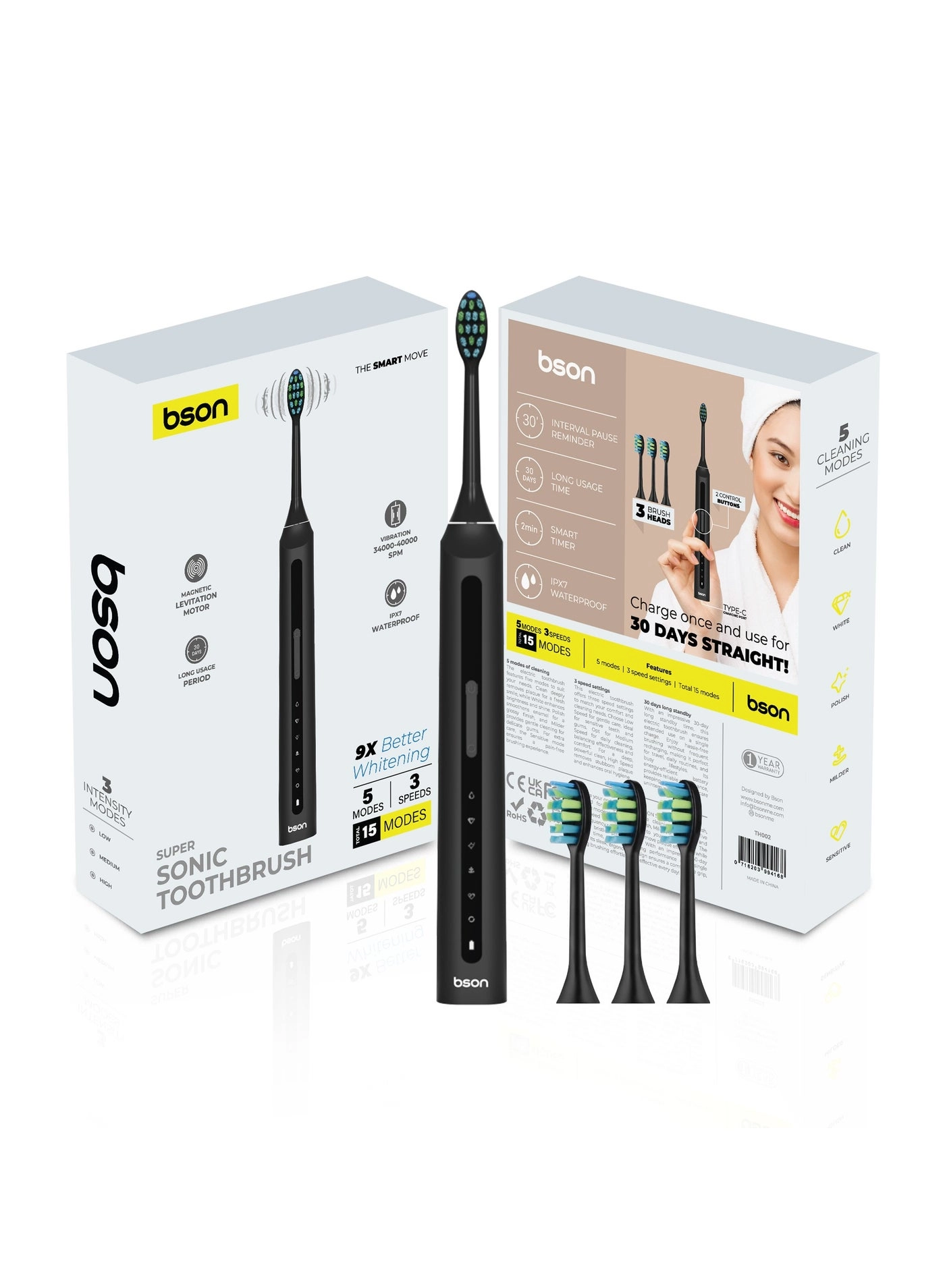 BSON Super Sonic Toothbrush - 9X Whitening 30-Day Battery 40,000 SPM