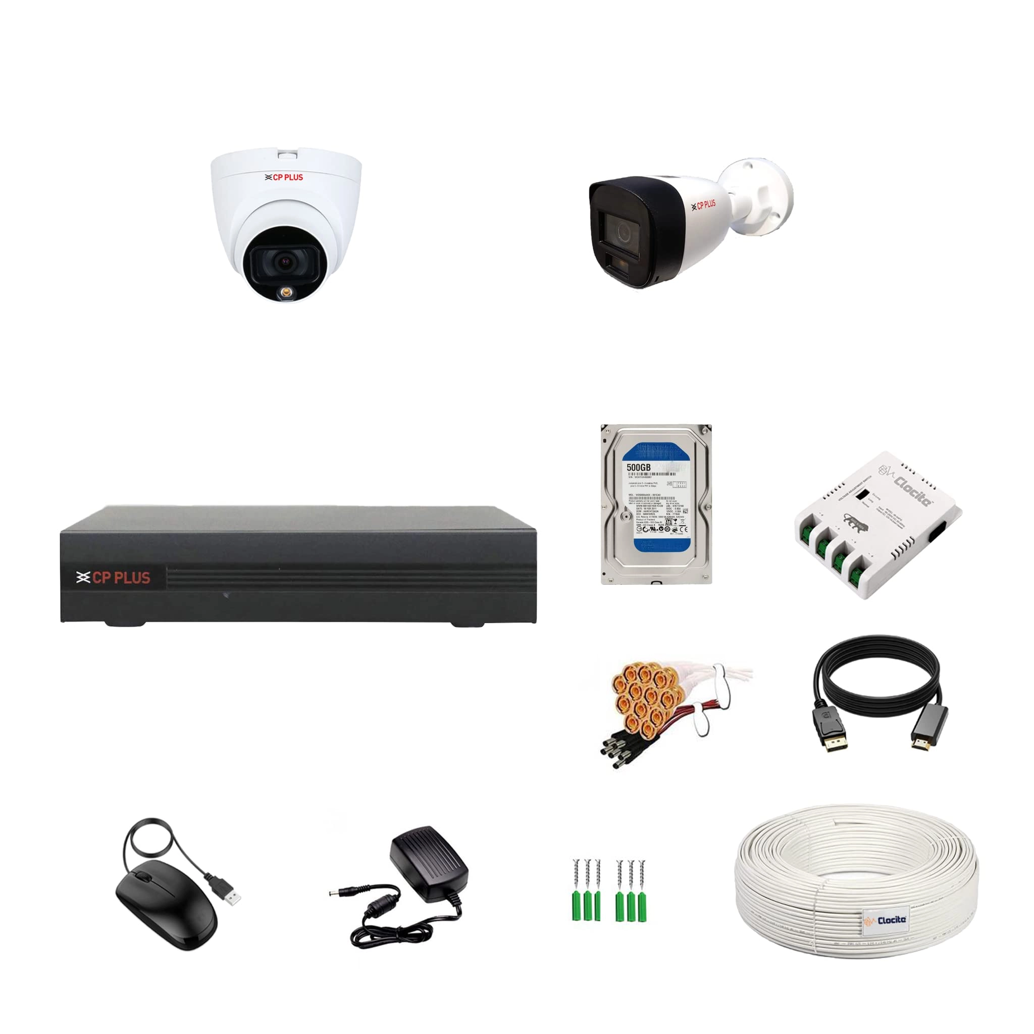 4 Channel 5MP HD DVR + 5 MP Outdoor Camera + 5 MP Indoor Camera + 4 Channel Power Supply + CCTV Cable Bundle + 500 GB Hard Drive + BNC & DC Connectors - 500GB 4 channels