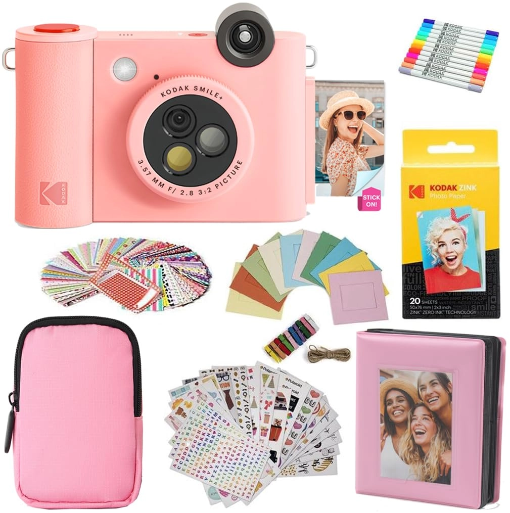 Smile+ - 2-in-1 Digital Instant Print Camera + Case + Zink 20pk 2x3 Sticky Back Photo Paper + Album + Sticker Sets + Sticker Frames + Markers