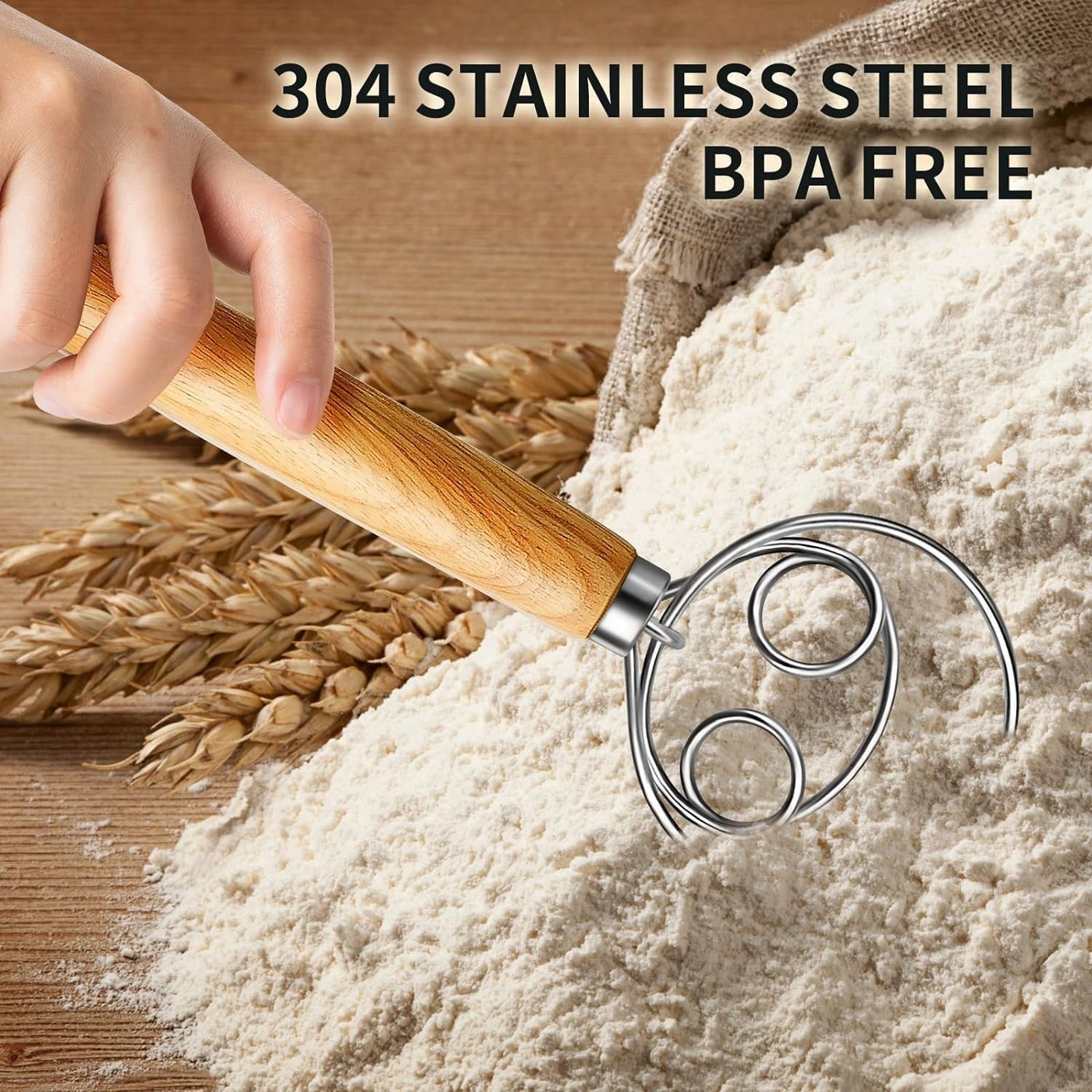 Dutch Bread Dough Whisk - Stainless Steel Wooden Handle