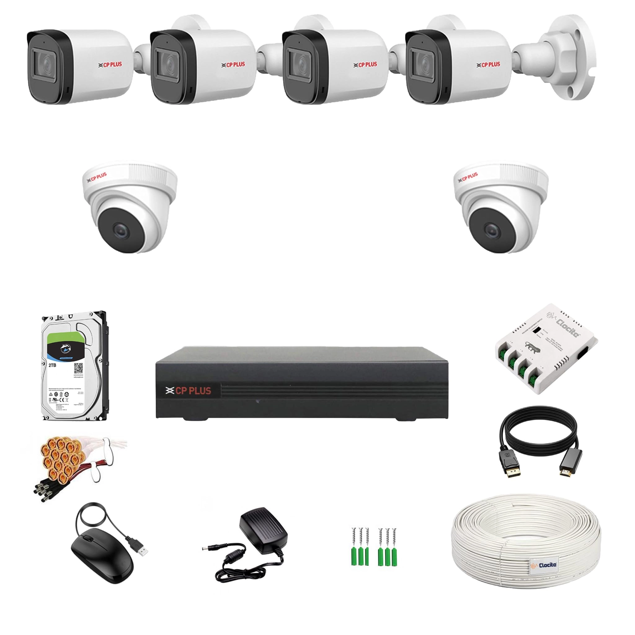 CP Plus 8 Channel DVR + 2.4MP Dome & Bullet Camera + 2TB HDD + CCTV Coaxial Cable Roll + 8 CH Power Supply + BNC & DC Connectors Kit