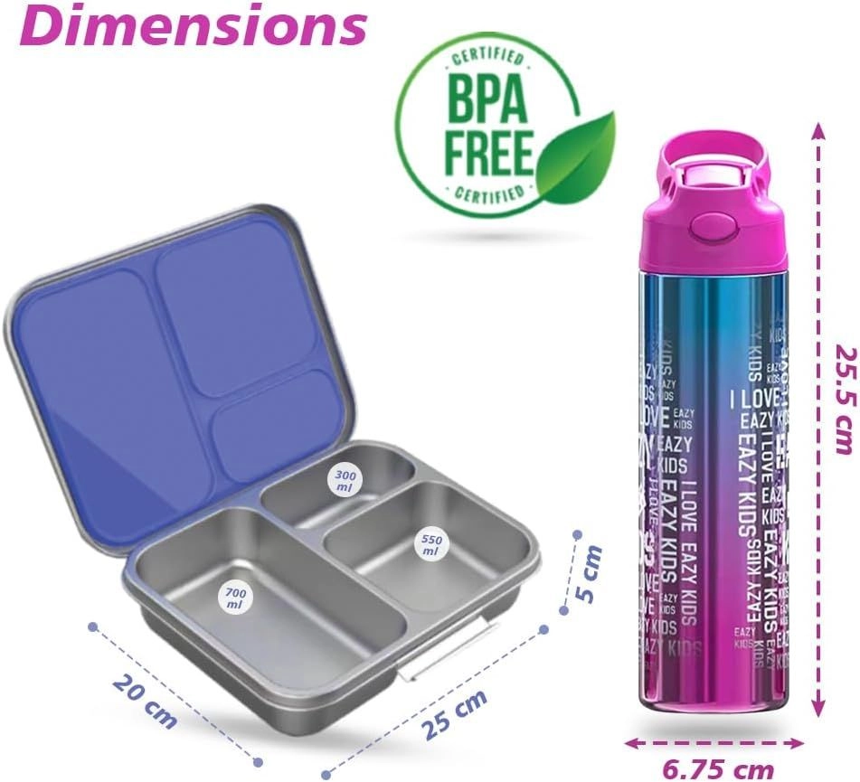 3 Compartment Bento Lunch Box - 1750ml + Stainless Steel Water Bottle - 530ml