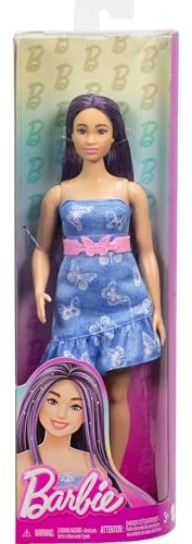 Barbie Fashionistas Doll #231 - Purple Hair Strapless Denim Butterfly Print Dress Pink Belt and Boots Ages 3+