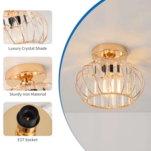 E27 Crystal Ceiling Lamp - Gold Base 1 Light 22.5 cm