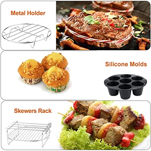Cake Barrel + Pizza Pan + Cupcake Pan + Metal Holder + Skewer Rack + Silicone Mat + Food Tong + Oil Brush + Air Fryer Liners + Plate Gripper + Silicone oven gloves + Air Fryer Recipe Cookbook - Food grade 304 stainless steel and silicone 12 pcs