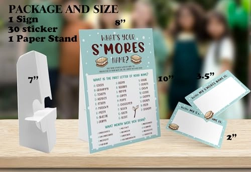 What's Your S'mores Name Game - 1 S'mores Sign and 30 Name Tag Stickers 8x11 2x3.5