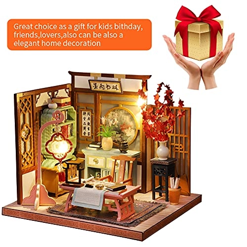 3D Wooden Miniature Doll House Kit - Painting and Calligraphy Room With Dust Cover 1:24