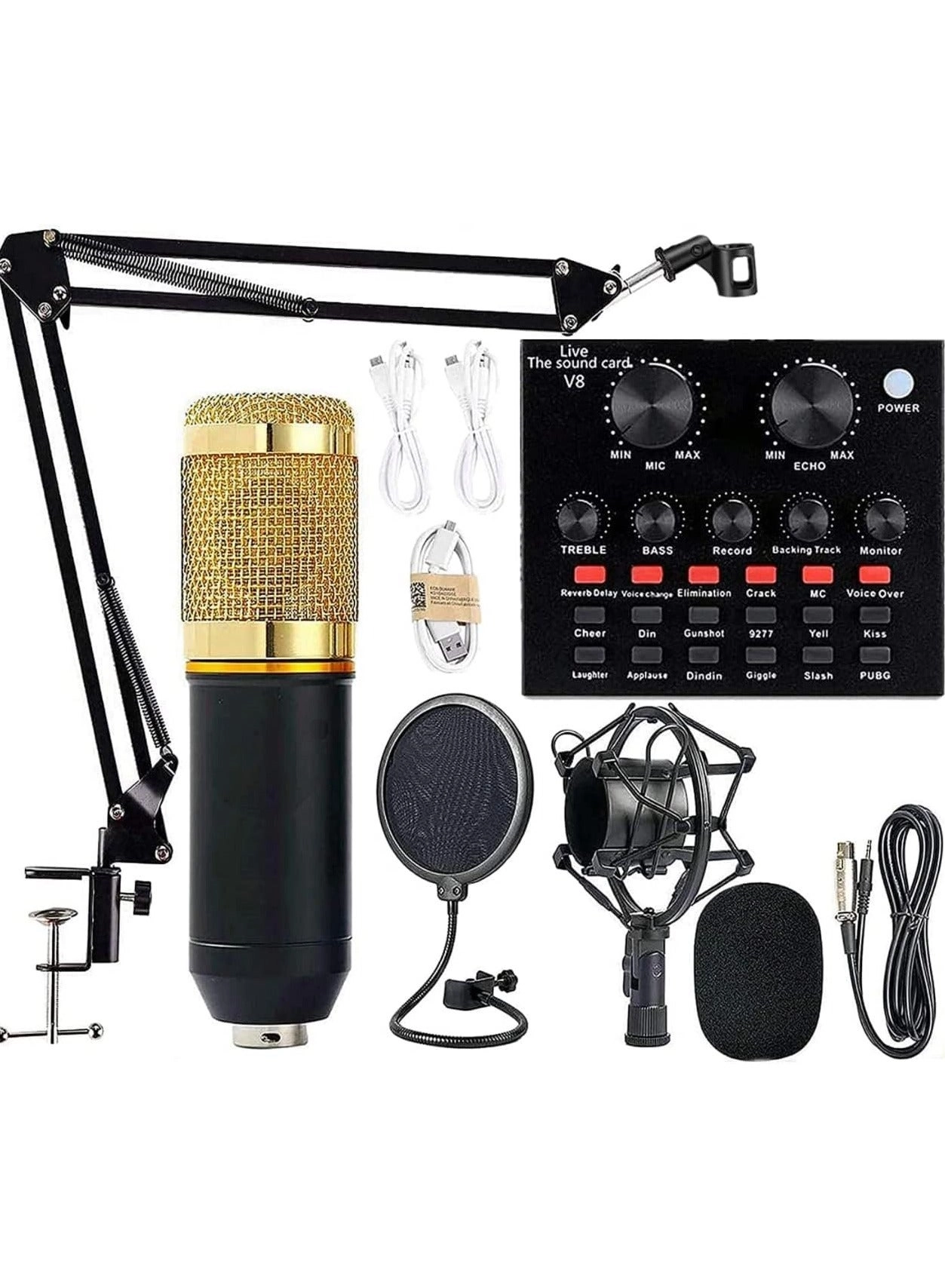 Condenser Microphone + V8S Live Sound Card Wireless+USB+3.5mm-Mini-Jack Microphone