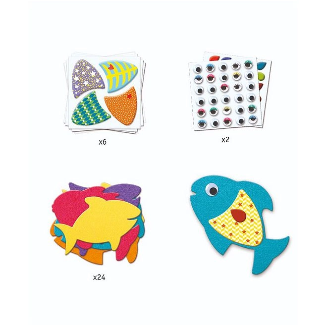 DJECO I Love Fishes Sticker Book Puffy Stickers Pre Cut Felt Fish 33 pcs
