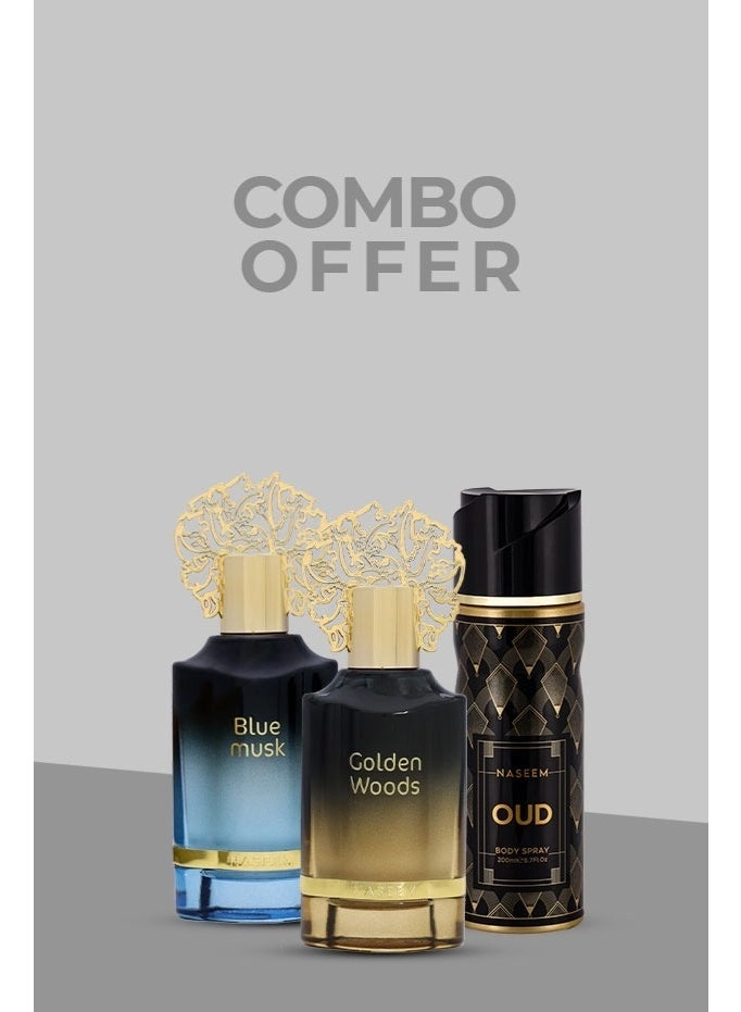 Naseem Blue Musk - Eau de Parfum 55ml + Golden Woods - Eau de Parfum 55ml + Oud Body Spray - 200ml