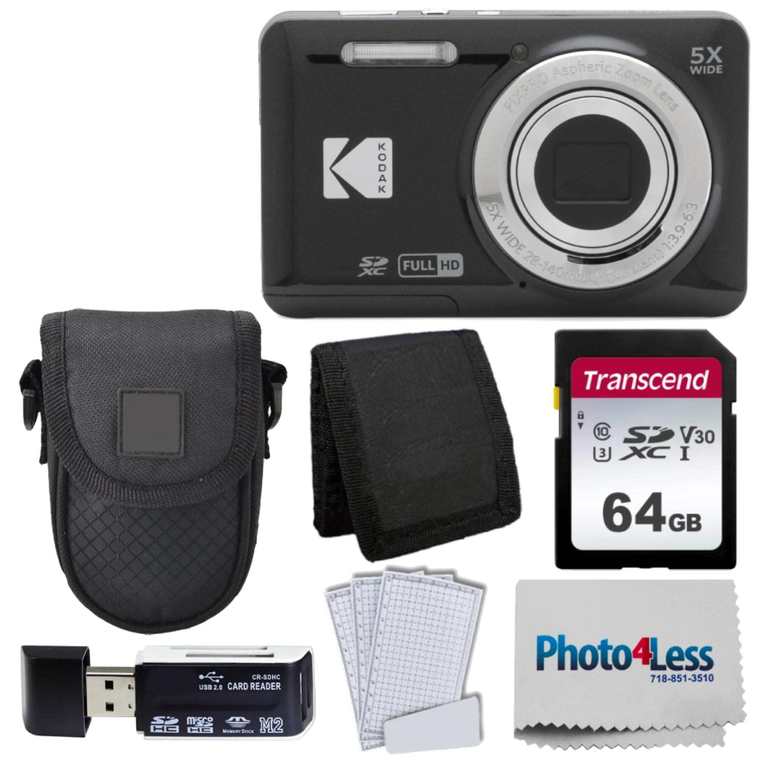 PIXPRO FZ55 + 64GB SDXC + Hard Shell Camera Case + SD Card Reader + Power2000 Rechargeable Li-Ion Battery
