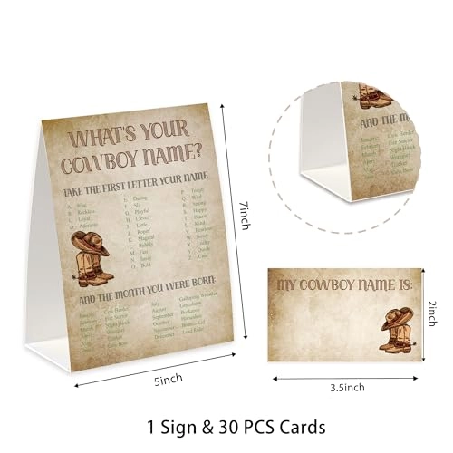 What’s Your Cowboy Name Game - 30 nametag stickers 1 standing sign
