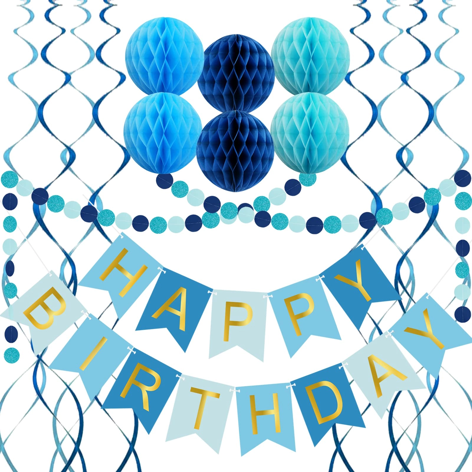 happy birthday banner + paper honeycomb balls + colorful circle paper garland + metallic hanging swirls