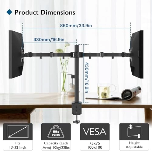 Dual Monitor Desk Mount - 2 arms 13-27 inch VESA 75x75/100x100 mm