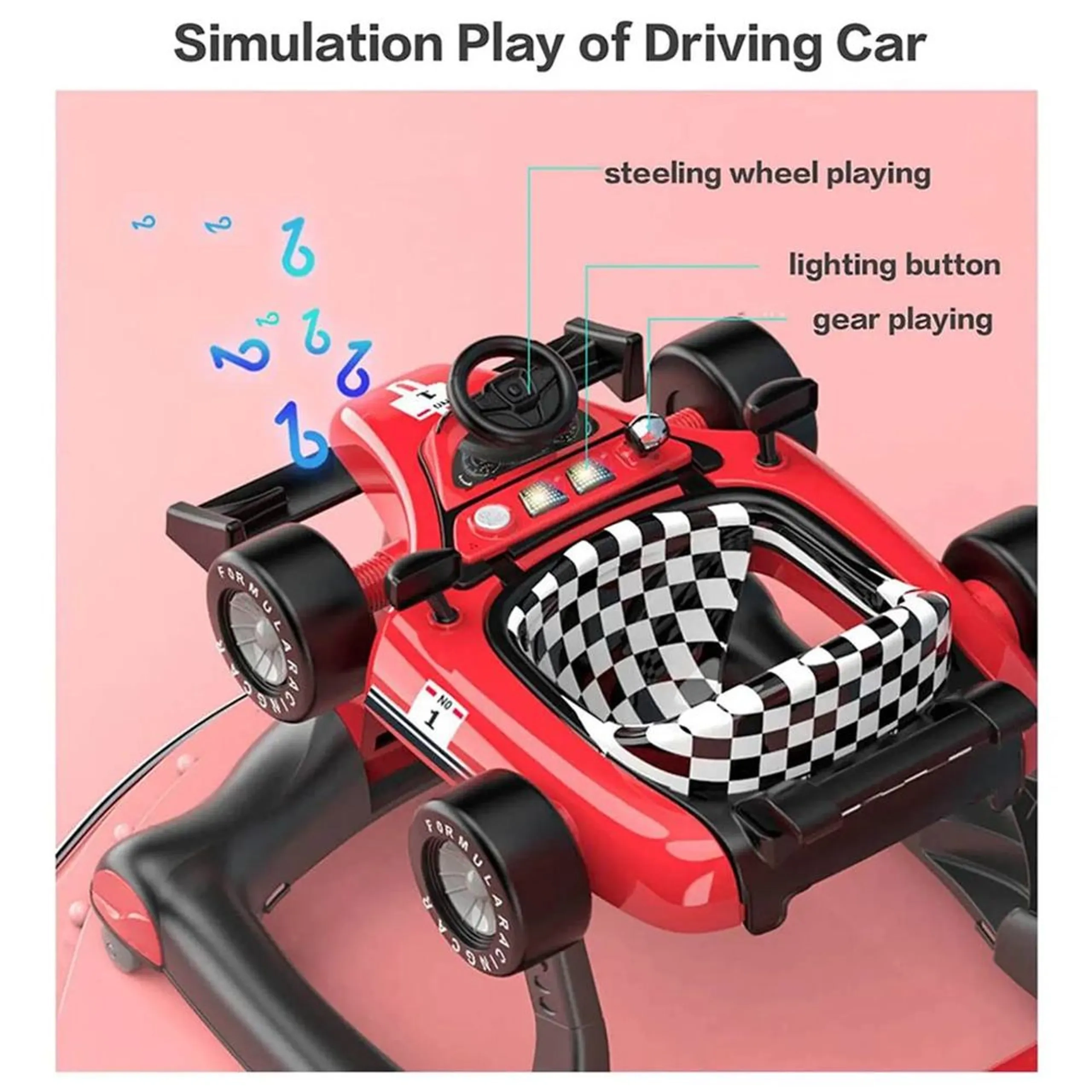 Ryan 4 In 1 Safety Baby Car Walker - Black Music and Lights